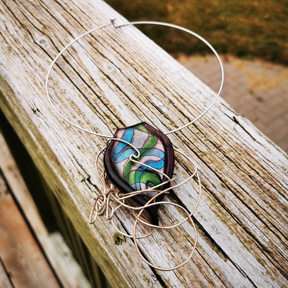 Artisan Created Art Glass and Wire Wrapped Choker Necklace - Picture 9 of 14
